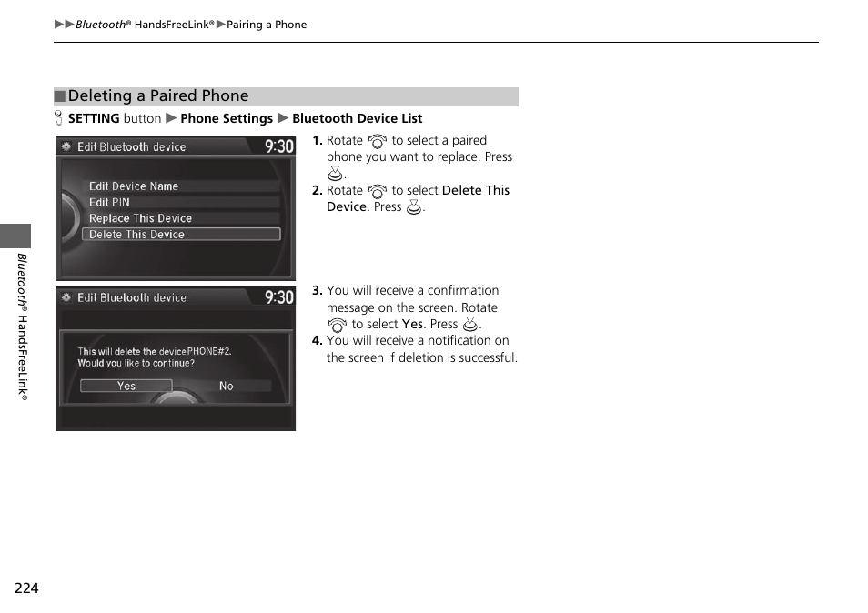 Deleting a paired phone | Acura 2015 TLX - Navigation Manual (Without Software Update) Ver. ST02 User Manual | Page 225 / 329