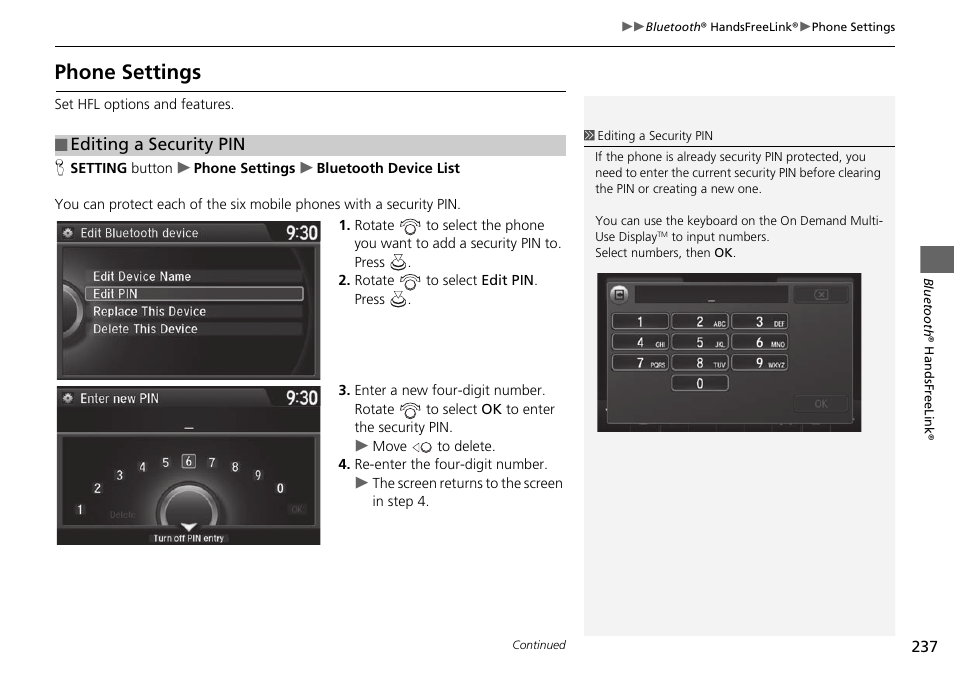Phone settings, Editing a security pin | Acura 2015 TLX - Navigation Manual (Without Software Update) Ver. ST02 User Manual | Page 238 / 329