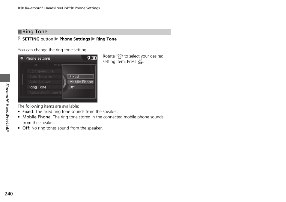 Ring tone | Acura 2015 TLX - Navigation Manual (Without Software Update) Ver. ST02 User Manual | Page 241 / 329
