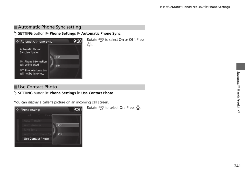 Automatic phone sync setting ■ use contact photo | Acura 2015 TLX - Navigation Manual (Without Software Update) Ver. ST02 User Manual | Page 242 / 329