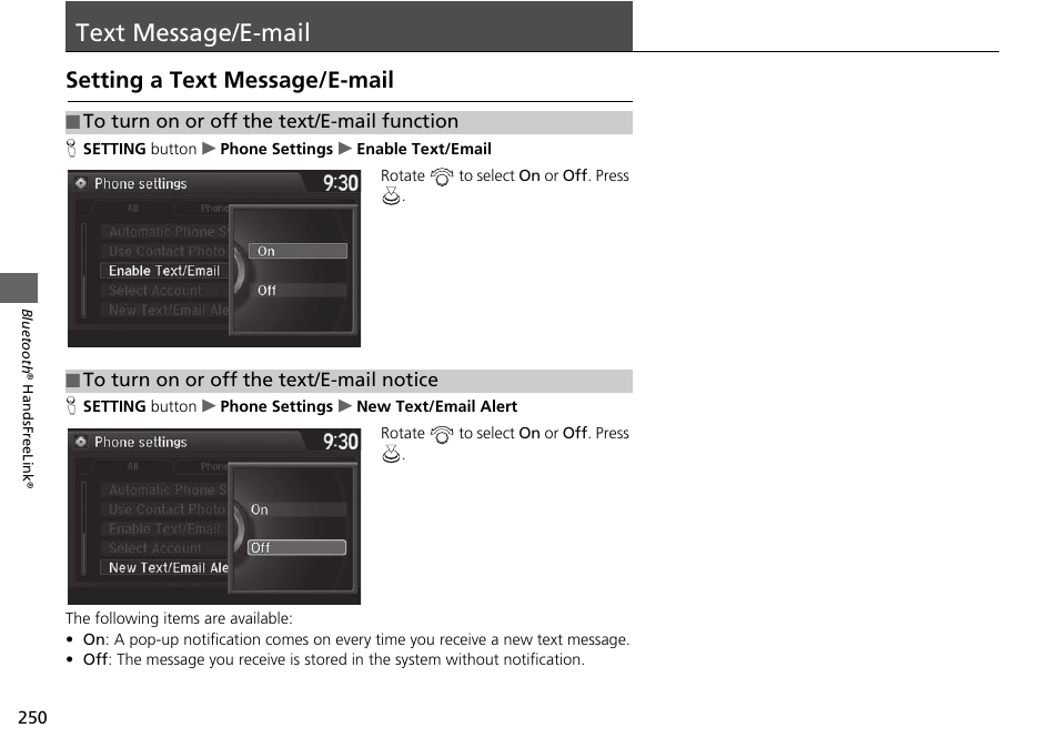 Text message/e-mail 250, Text message/e-mail, Setting a text message/e-mail | Acura 2015 TLX - Navigation Manual (Without Software Update) Ver. ST02 User Manual | Page 251 / 329