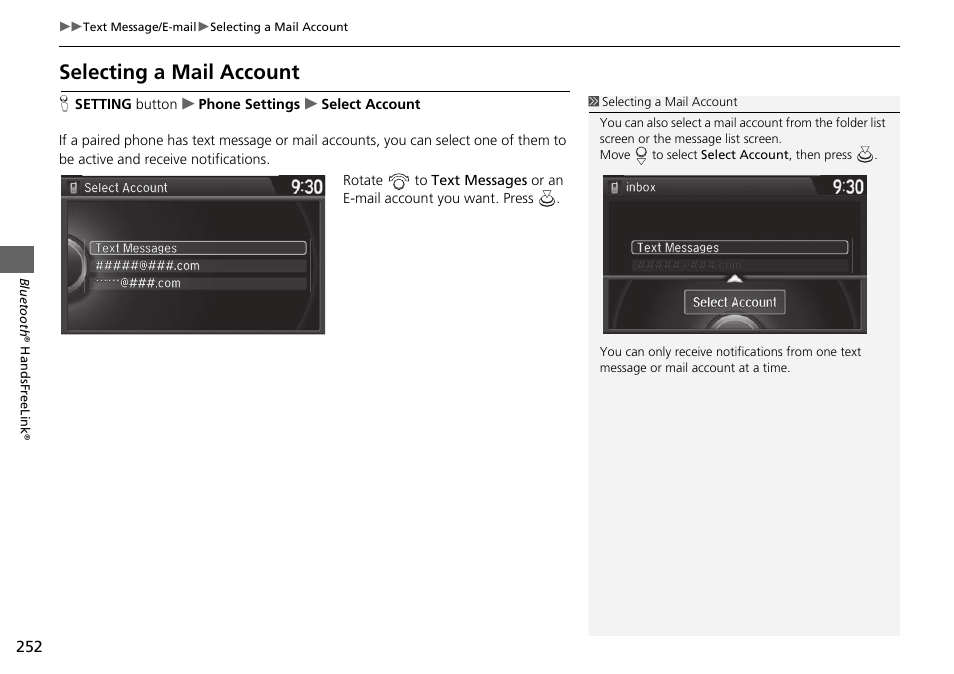 Selecting a mail account | Acura 2015 TLX - Navigation Manual (Without Software Update) Ver. ST02 User Manual | Page 253 / 329