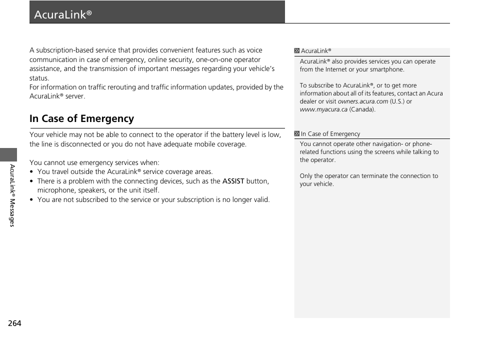 Acuralink® 264, P264), Acuralink | Acuralink® p. 264, In case of emergency | Acura 2015 TLX - Navigation Manual (Without Software Update) Ver. ST02 User Manual | Page 265 / 329