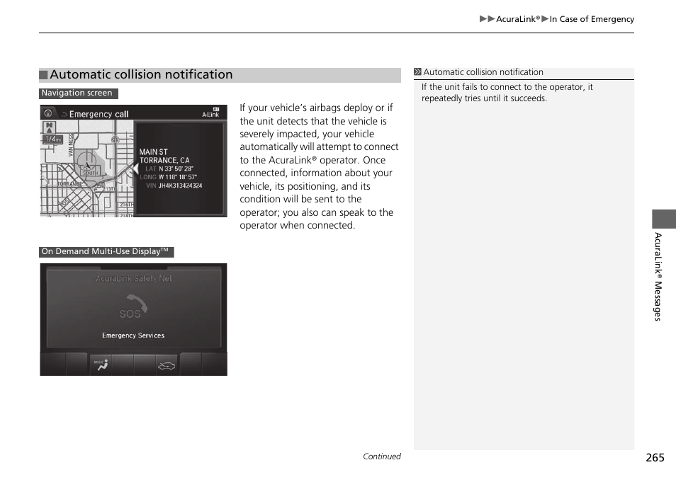 Automatic collision notification | Acura 2015 TLX - Navigation Manual (Without Software Update) Ver. ST02 User Manual | Page 266 / 329