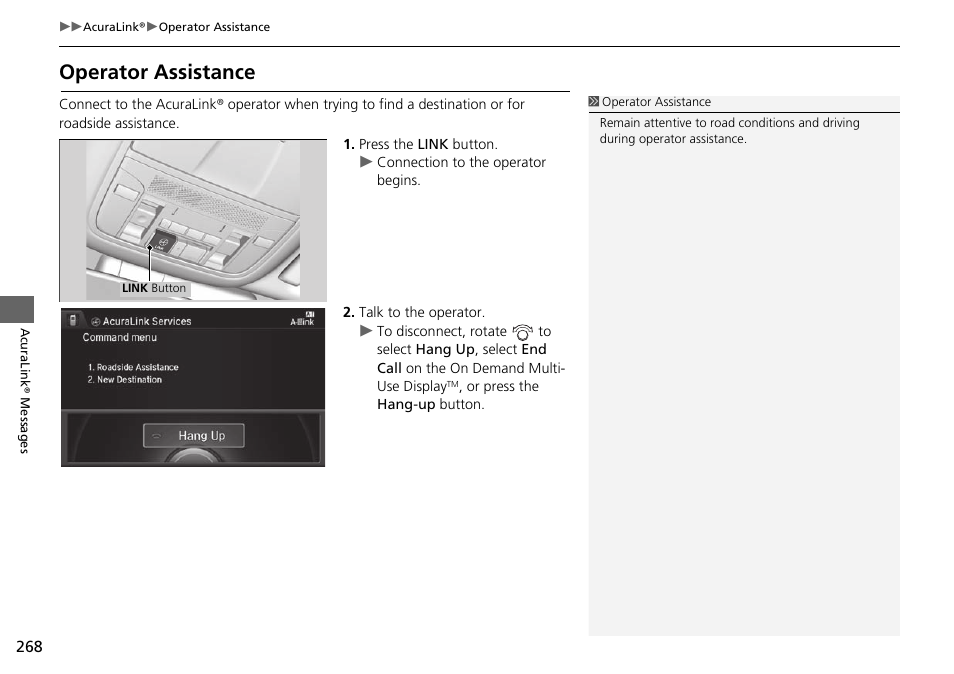 Operator assistance | Acura 2015 TLX - Navigation Manual (Without Software Update) Ver. ST02 User Manual | Page 269 / 329