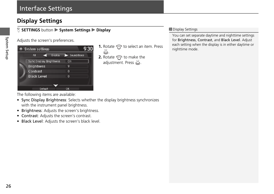 Interface settings 26, Interface settings, Display settings | Acura 2015 TLX - Navigation Manual (Without Software Update) Ver. ST02 User Manual | Page 27 / 329