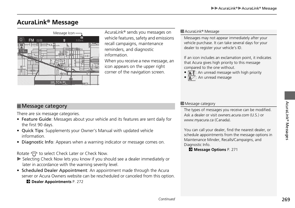 Acuralink® message, Message category | Acura 2015 TLX - Navigation Manual (Without Software Update) Ver. ST02 User Manual | Page 270 / 329