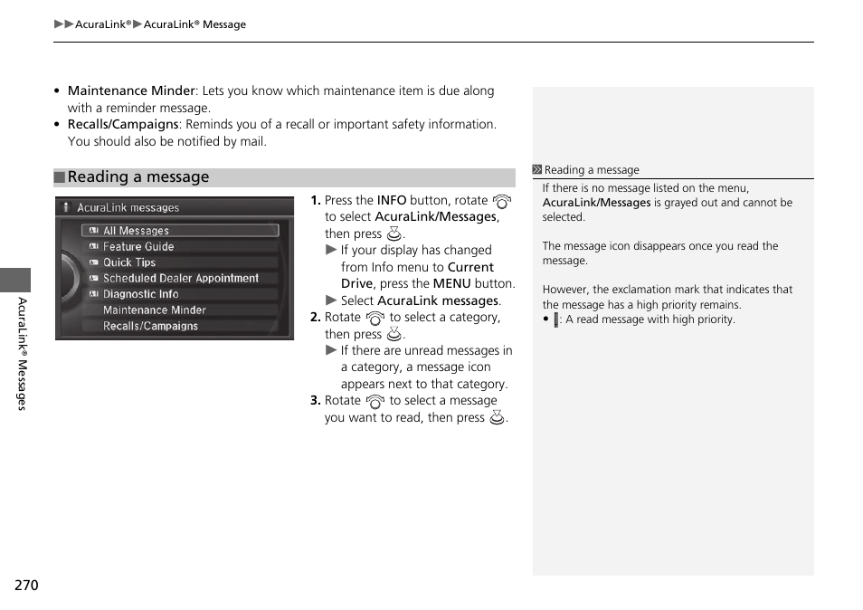 Reading a message | Acura 2015 TLX - Navigation Manual (Without Software Update) Ver. ST02 User Manual | Page 271 / 329