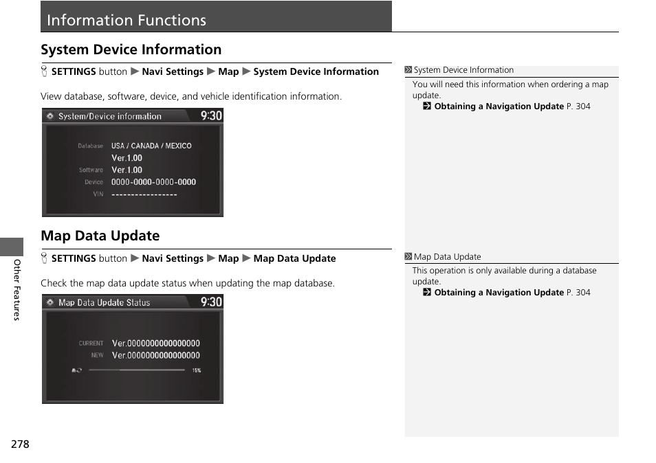 Information functions 278, System device information, Map data update p. 278 | Information functions, System device information map data update, Map data update | Acura 2015 TLX - Navigation Manual (Without Software Update) Ver. ST02 User Manual | Page 279 / 329