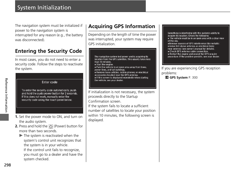 System initialization 298, System initialization, Entering the security code | Acquiring gps information | Acura 2015 TLX - Navigation Manual (Without Software Update) Ver. ST02 User Manual | Page 299 / 329