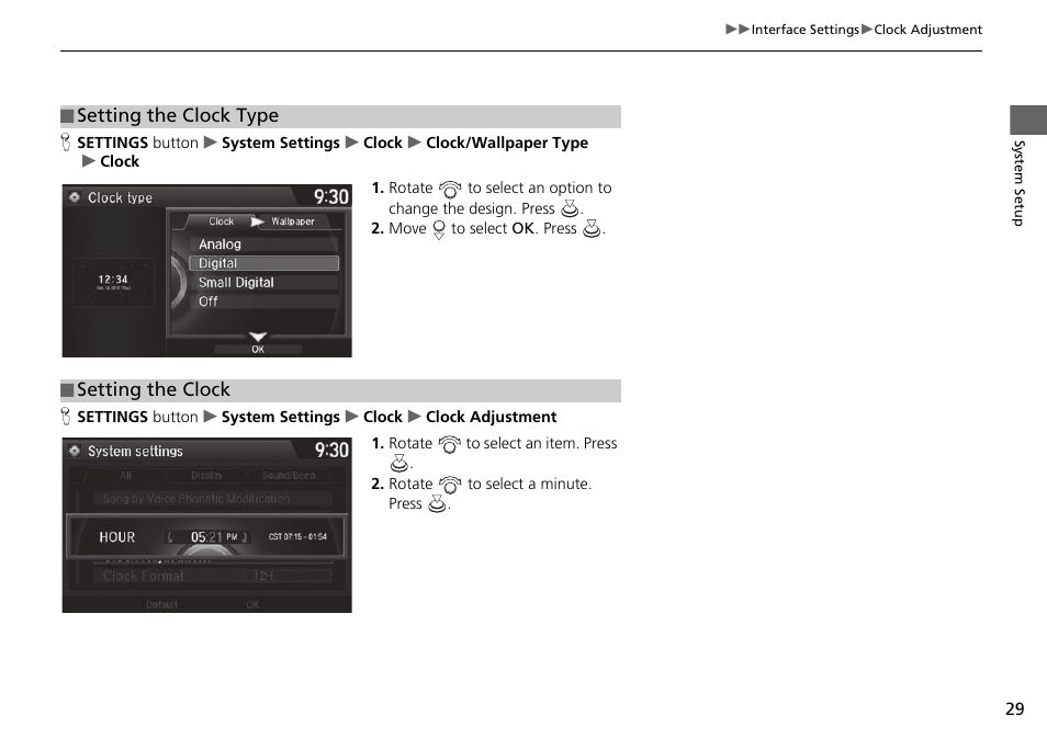 Setting the clock type, Setting the clock | Acura 2015 TLX - Navigation Manual (Without Software Update) Ver. ST02 User Manual | Page 30 / 329