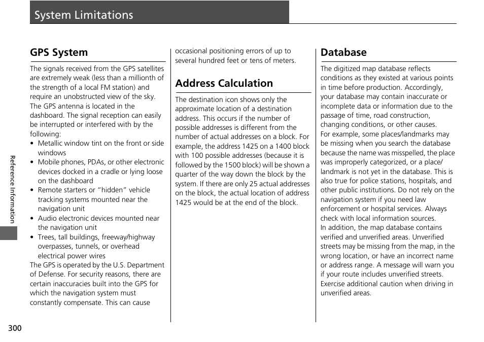 System limitations 300, Gps system, Gps system p. 300 | System limitations, Gps system address calculation database, Address calculation, Database | Acura 2015 TLX - Navigation Manual (Without Software Update) Ver. ST02 User Manual | Page 301 / 329