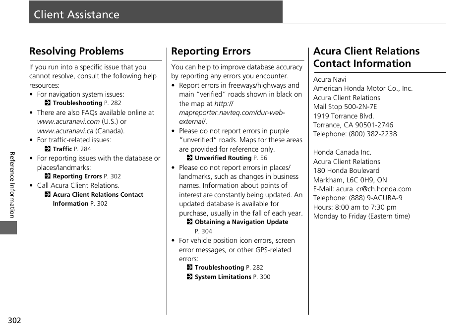 Client assistance 302, Acura client relations contact information, Reporting errors p. 302 | Client assistance, Resolving problems, Reporting errors | Acura 2015 TLX - Navigation Manual (Without Software Update) Ver. ST02 User Manual | Page 303 / 329