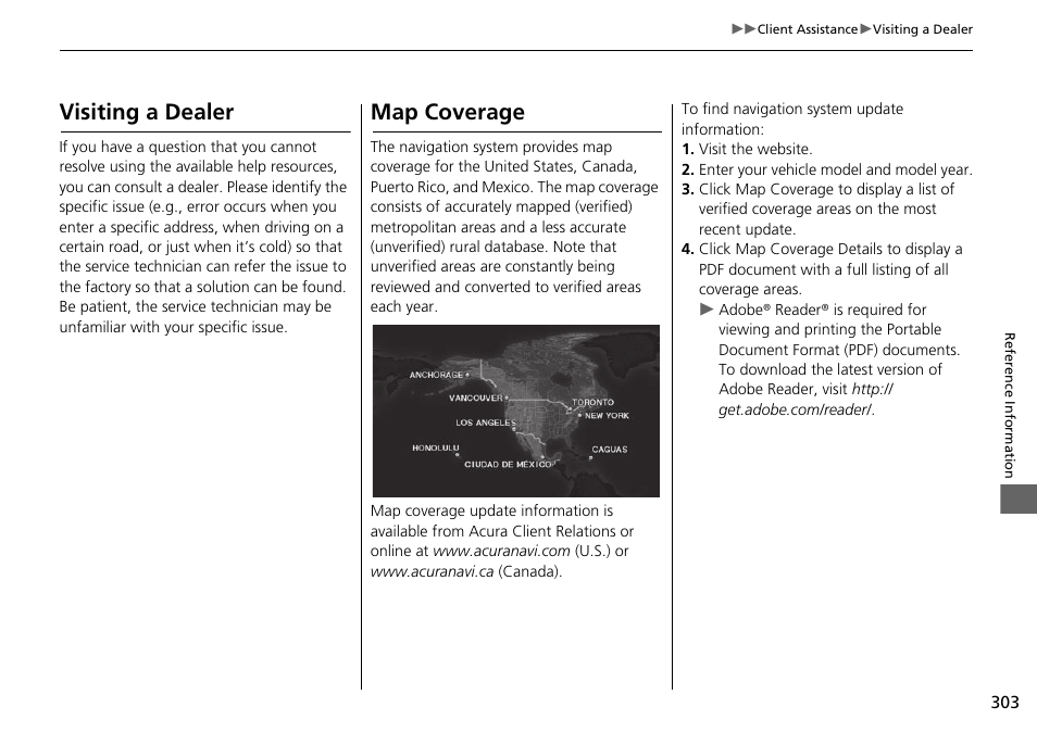 Map coverage, Visiting a dealer | Acura 2015 TLX - Navigation Manual (Without Software Update) Ver. ST02 User Manual | Page 304 / 329