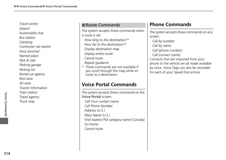 Route commands p. 314, Voice portal commands phone commands, Voice portal commands | Phone commands | Acura 2015 TLX - Navigation Manual (Without Software Update) Ver. ST02 User Manual | Page 315 / 329