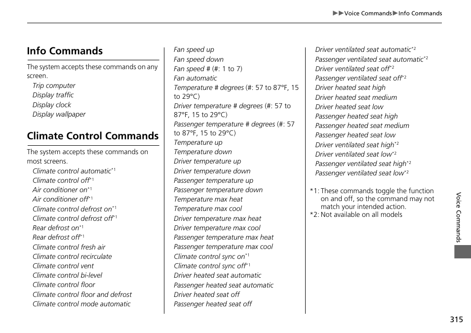 Info commands climate control commands, Info commands, Climate control commands | Acura 2015 TLX - Navigation Manual (Without Software Update) Ver. ST02 User Manual | Page 316 / 329