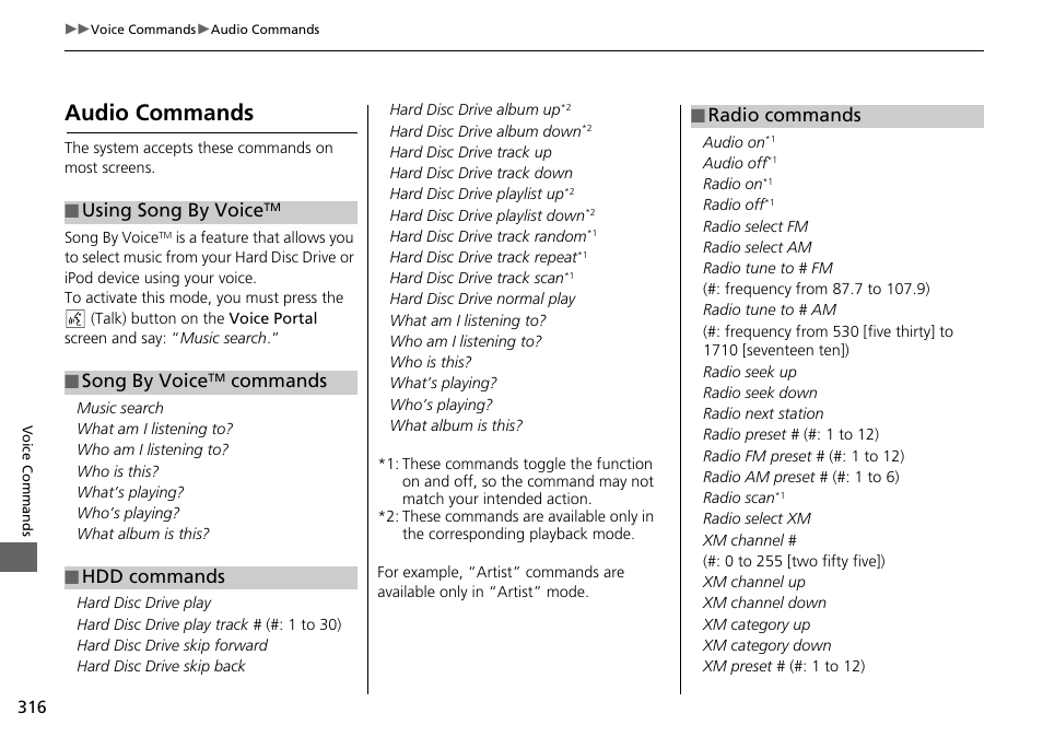 Hdd commands, Audio commands, Using song by voice | Song by voice, Commands ■ hdd commands, Radio commands | Acura 2015 TLX - Navigation Manual (Without Software Update) Ver. ST02 User Manual | Page 317 / 329