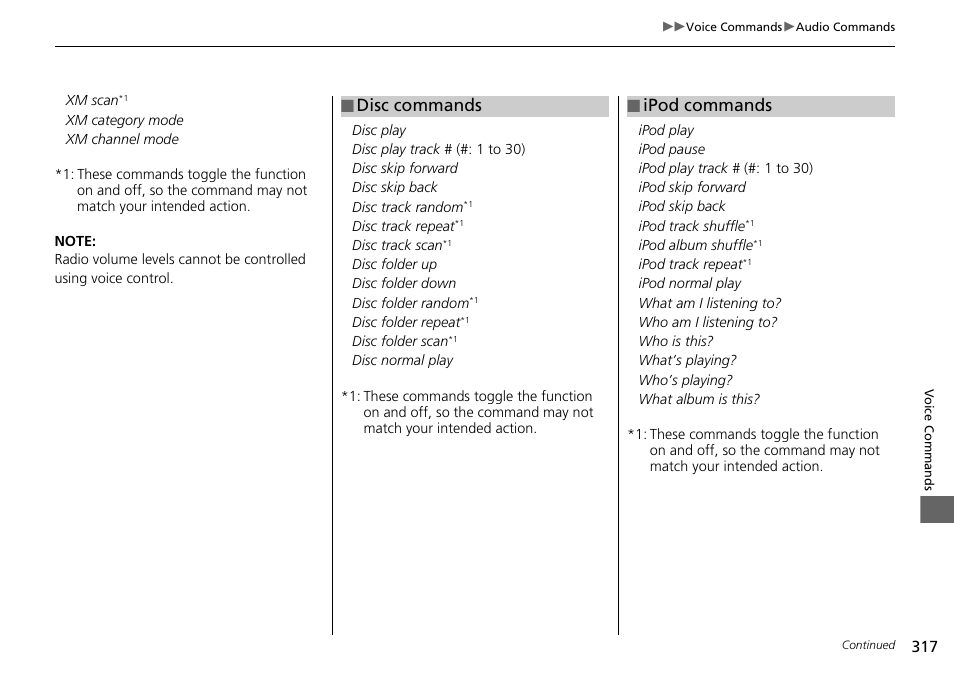 Ipod commands p. 317, Disc commands, Ipod commands | Acura 2015 TLX - Navigation Manual (Without Software Update) Ver. ST02 User Manual | Page 318 / 329