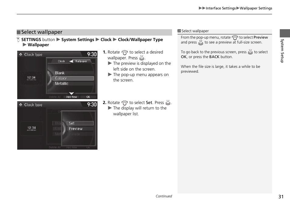 Select wallpaper | Acura 2015 TLX - Navigation Manual (Without Software Update) Ver. ST02 User Manual | Page 32 / 329