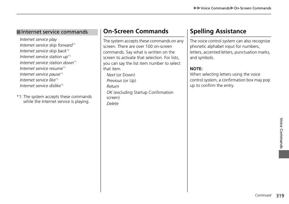 On-screen commands spelling assistance, On-screen commands, Spelling assistance | Internet service commands | Acura 2015 TLX - Navigation Manual (Without Software Update) Ver. ST02 User Manual | Page 320 / 329