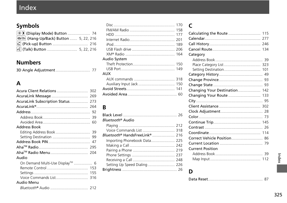 Index, Index symbols, Numbers | Acura 2015 TLX - Navigation Manual (Without Software Update) Ver. ST02 User Manual | Page 326 / 329
