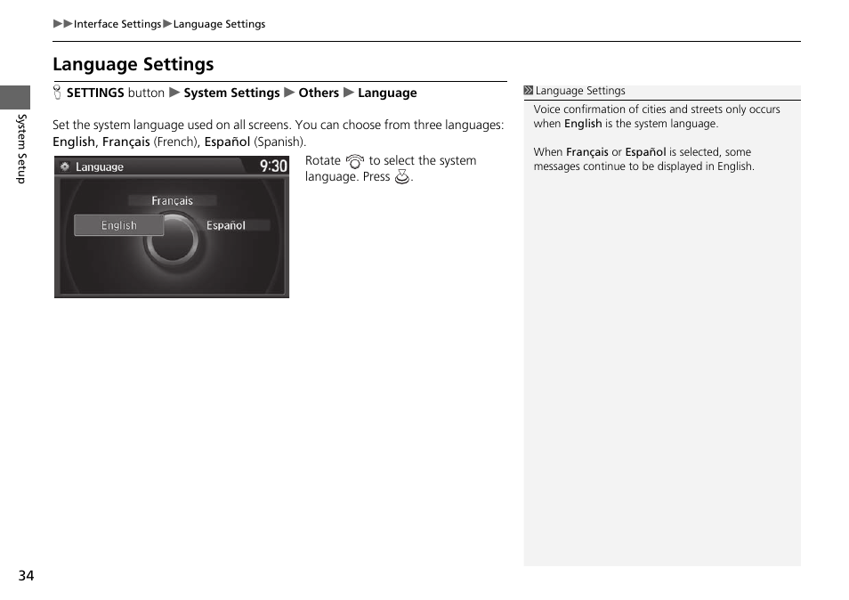 Language settings | Acura 2015 TLX - Navigation Manual (Without Software Update) Ver. ST02 User Manual | Page 35 / 329