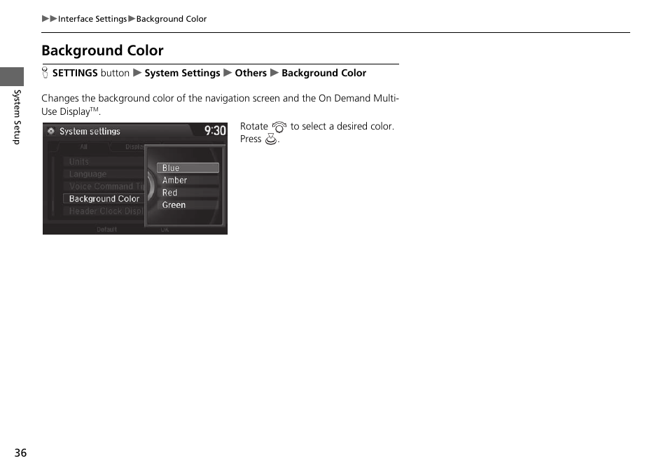Background color | Acura 2015 TLX - Navigation Manual (Without Software Update) Ver. ST02 User Manual | Page 37 / 329