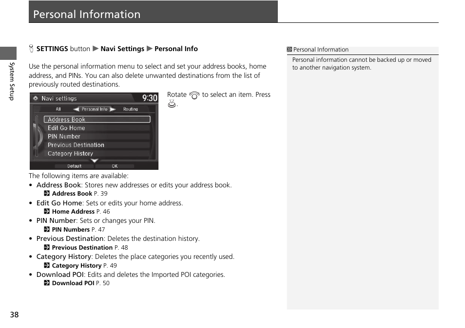 Personal information 38, Personal information | Acura 2015 TLX - Navigation Manual (Without Software Update) Ver. ST02 User Manual | Page 39 / 329