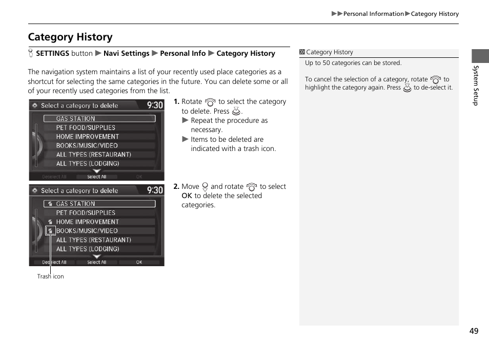 Category history, Category history p. 49 | Acura 2015 TLX - Navigation Manual (Without Software Update) Ver. ST02 User Manual | Page 50 / 329