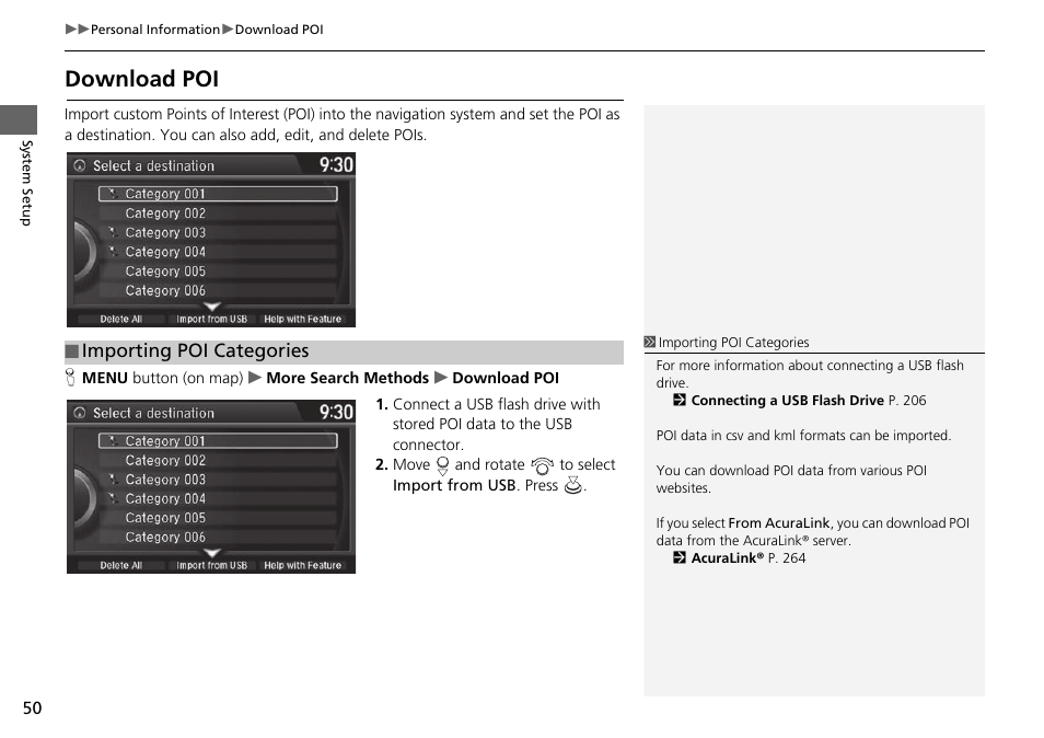 Download poi, Download poi p. 50, Importing poi categories | Acura 2015 TLX - Navigation Manual (Without Software Update) Ver. ST02 User Manual | Page 51 / 329