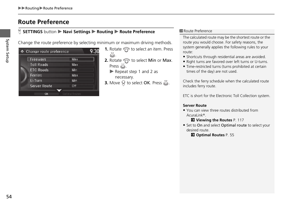 Route preference, Route preference p. 54 | Acura 2015 TLX - Navigation Manual (Without Software Update) Ver. ST02 User Manual | Page 55 / 329