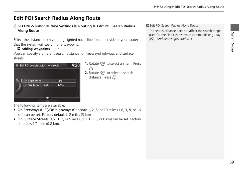 Edit poi search radius along route, Edit poi search radius along route p. 59 | Acura 2015 TLX - Navigation Manual (Without Software Update) Ver. ST02 User Manual | Page 60 / 329