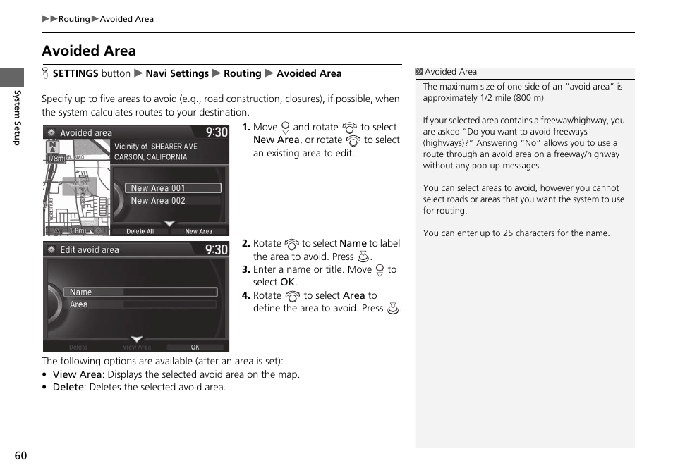 P60), Avoided area, Avoided area p. 60 | Acura 2015 TLX - Navigation Manual (Without Software Update) Ver. ST02 User Manual | Page 61 / 329