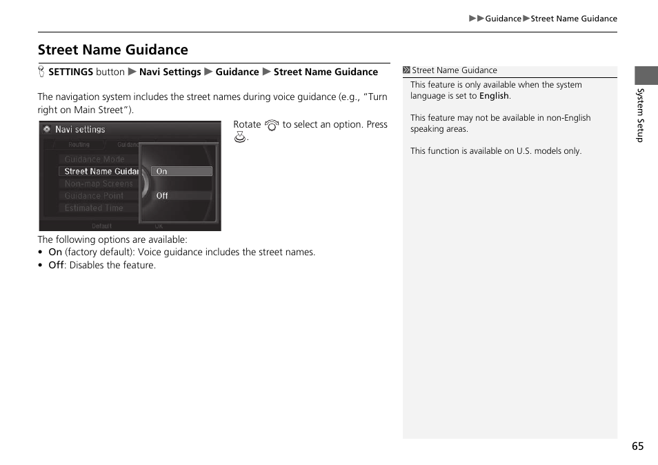 Street name guidance | Acura 2015 TLX - Navigation Manual (Without Software Update) Ver. ST02 User Manual | Page 66 / 329