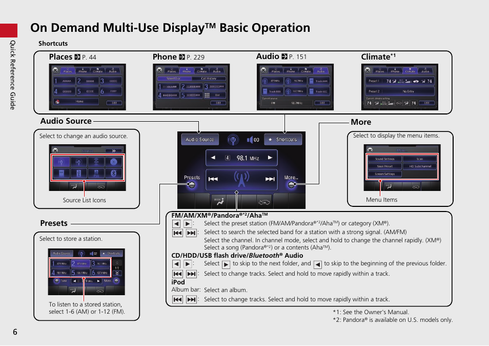 On demand multi-use displaytm basic operation, On demand multi-use display, Basic operation | Acura 2015 TLX - Navigation Manual (Without Software Update) Ver. ST02 User Manual | Page 7 / 329