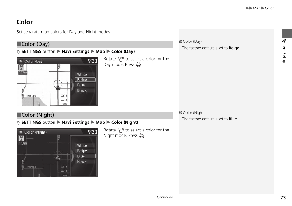 Color | Acura 2015 TLX - Navigation Manual (Without Software Update) Ver. ST02 User Manual | Page 74 / 329