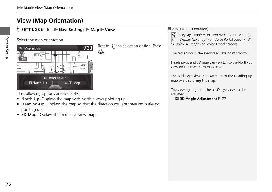 P76), View (map orientation) | Acura 2015 TLX - Navigation Manual (Without Software Update) Ver. ST02 User Manual | Page 77 / 329