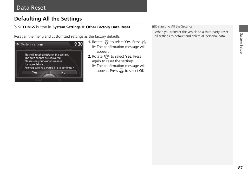Data reset 87, Data reset, Defaulting all the settings | Acura 2015 TLX - Navigation Manual (Without Software Update) Ver. ST02 User Manual | Page 88 / 329