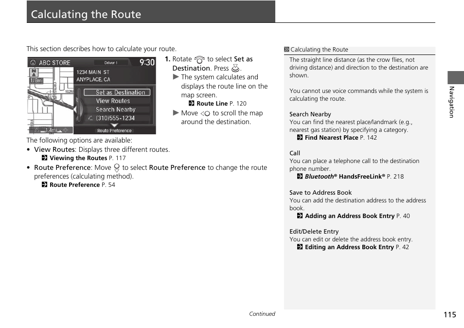 Calculating the route 115, Calculating the route, Calculating the route p. 115 | Acura 2015 TLX - Navigation Manual (With Software Update) Ver. ST03 User Manual | Page 116 / 333