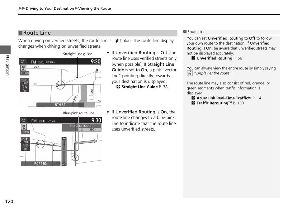 P120), Route line p. 120, Route line | Acura 2015 TLX - Navigation Manual (With Software Update) Ver. ST03 User Manual | Page 121 / 333