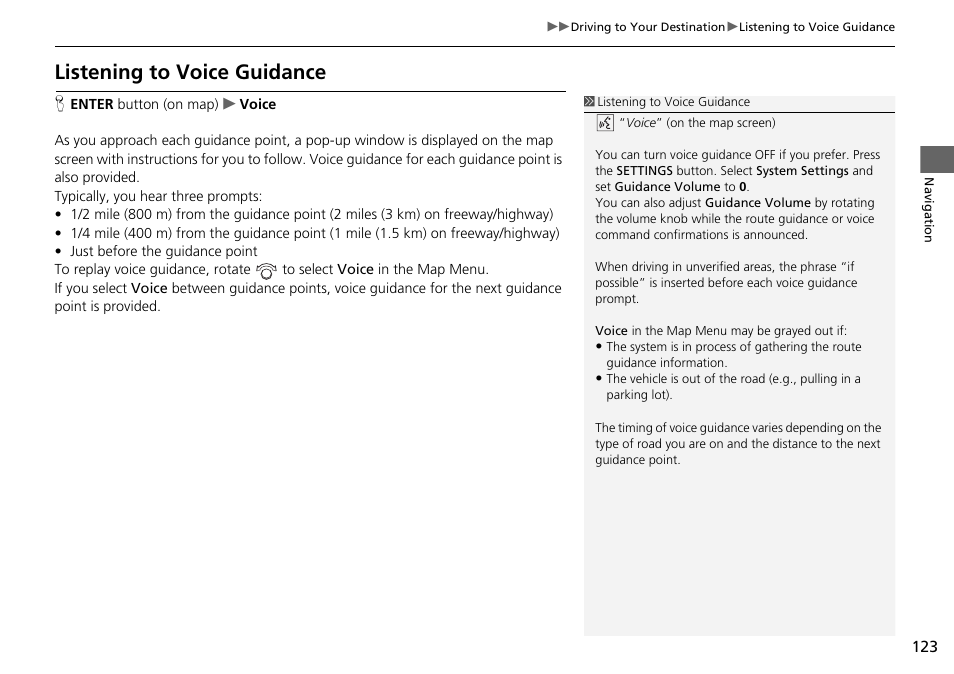 Listening to voice guidance | Acura 2015 TLX - Navigation Manual (With Software Update) Ver. ST03 User Manual | Page 124 / 333