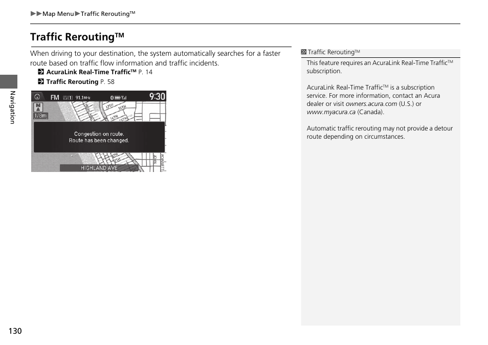 P130), Traffic rerouting | Acura 2015 TLX - Navigation Manual (With Software Update) Ver. ST03 User Manual | Page 131 / 333