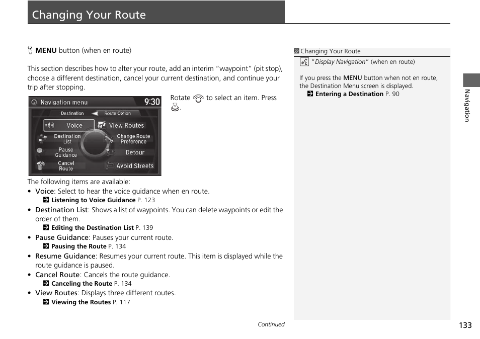 Changing your route 133, Changing your route | Acura 2015 TLX - Navigation Manual (With Software Update) Ver. ST03 User Manual | Page 134 / 333