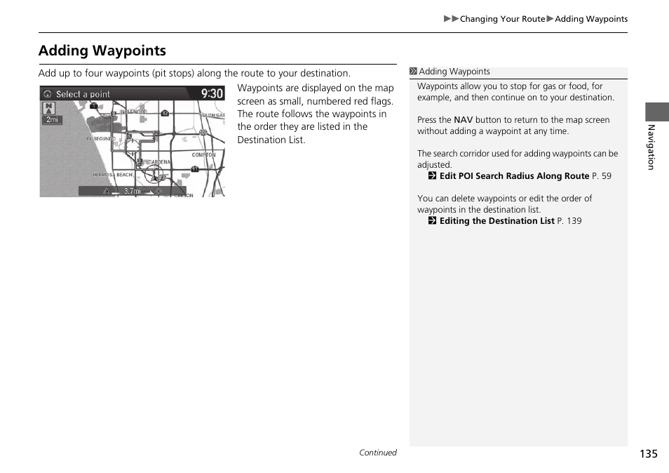 P135), Adding waypoints | Acura 2015 TLX - Navigation Manual (With Software Update) Ver. ST03 User Manual | Page 136 / 333
