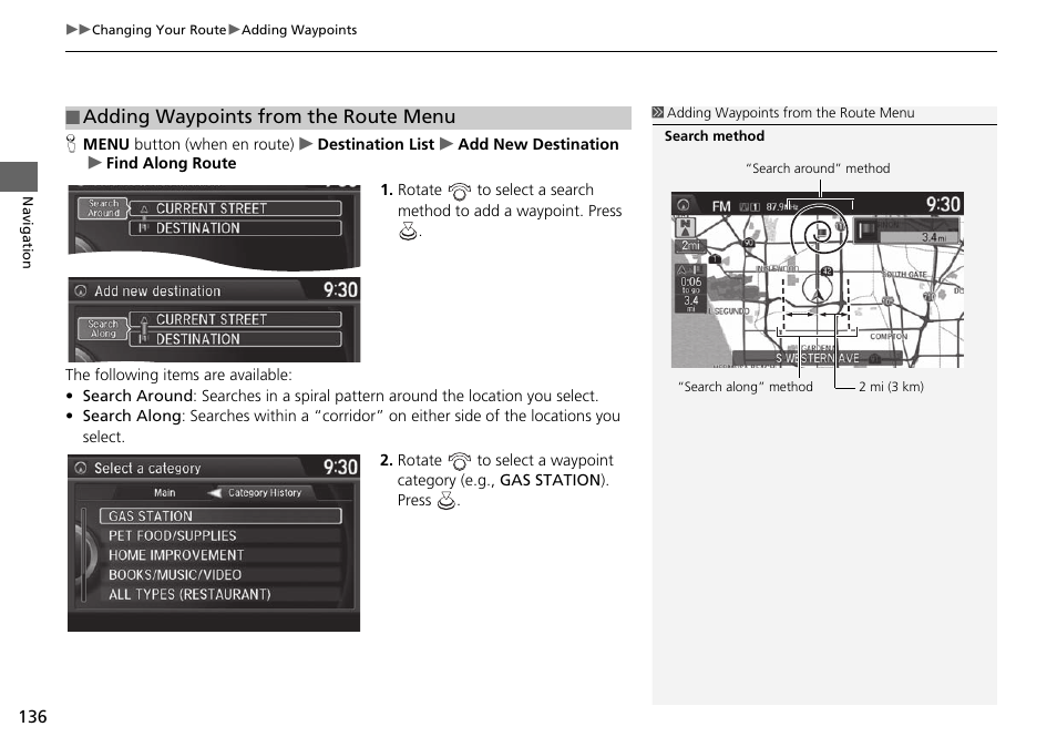 Adding waypoints from the route menu | Acura 2015 TLX - Navigation Manual (With Software Update) Ver. ST03 User Manual | Page 137 / 333