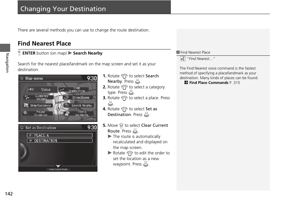 Changing your destination 142, P142), Changing your destination | Find nearest place, Find nearest place p. 142 | Acura 2015 TLX - Navigation Manual (With Software Update) Ver. ST03 User Manual | Page 143 / 333