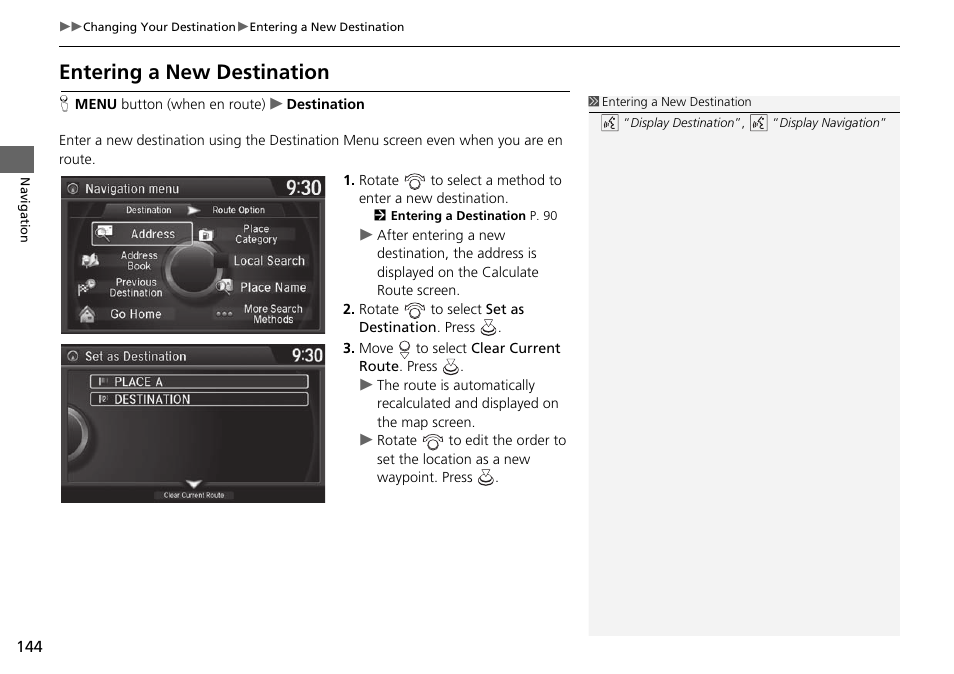 P144), Entering a new destination | Acura 2015 TLX - Navigation Manual (With Software Update) Ver. ST03 User Manual | Page 145 / 333