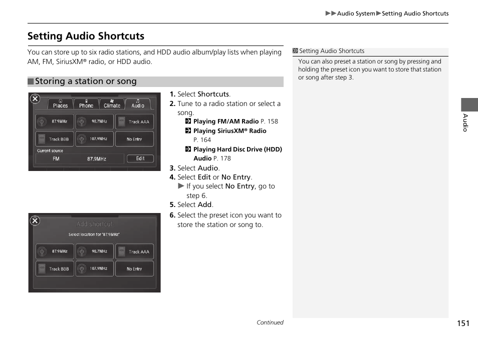 Setting audio shortcuts, Storing a station or song | Acura 2015 TLX - Navigation Manual (With Software Update) Ver. ST03 User Manual | Page 152 / 333