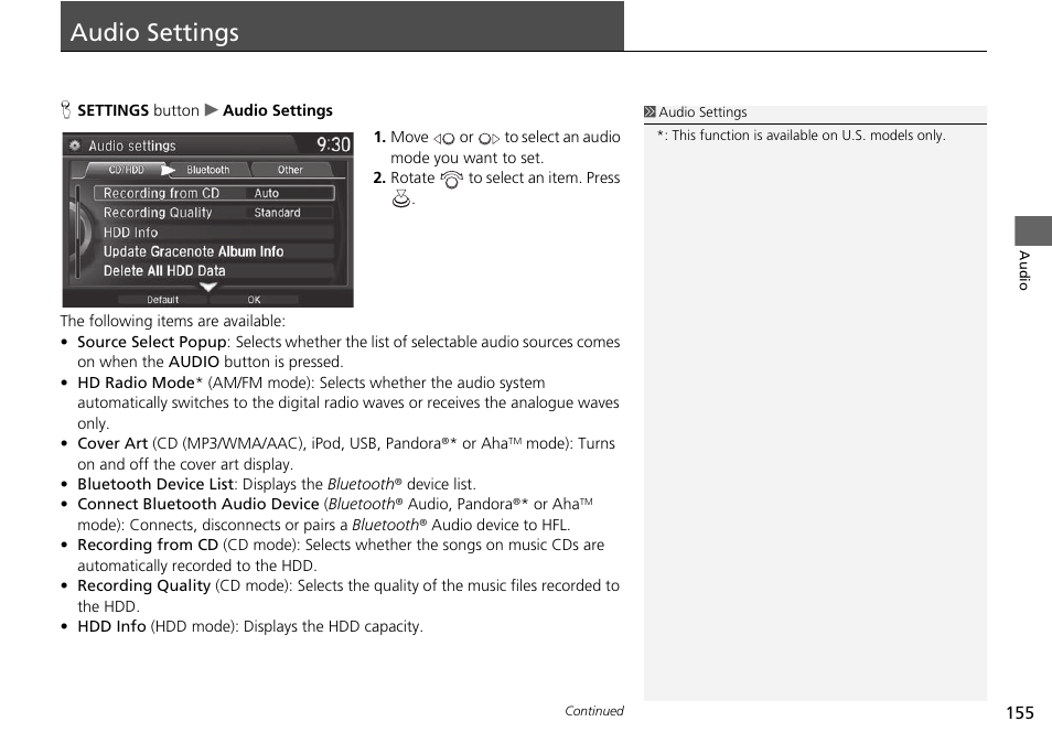 Audio settings 155, Audio settings | Acura 2015 TLX - Navigation Manual (With Software Update) Ver. ST03 User Manual | Page 156 / 333