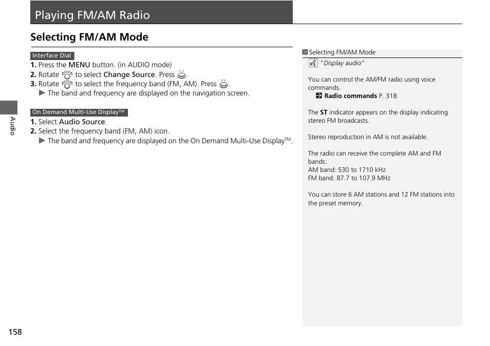 Playing fm/am radio 158, P158), Playing fm/am radio | Selecting fm/am mode, Playing fm/am radio p. 158 | Acura 2015 TLX - Navigation Manual (With Software Update) Ver. ST03 User Manual | Page 159 / 333